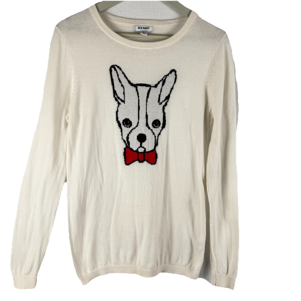 French Bulldog Off White Sweater Sz M Lightweight Softgirl Quirky Preppy Critter